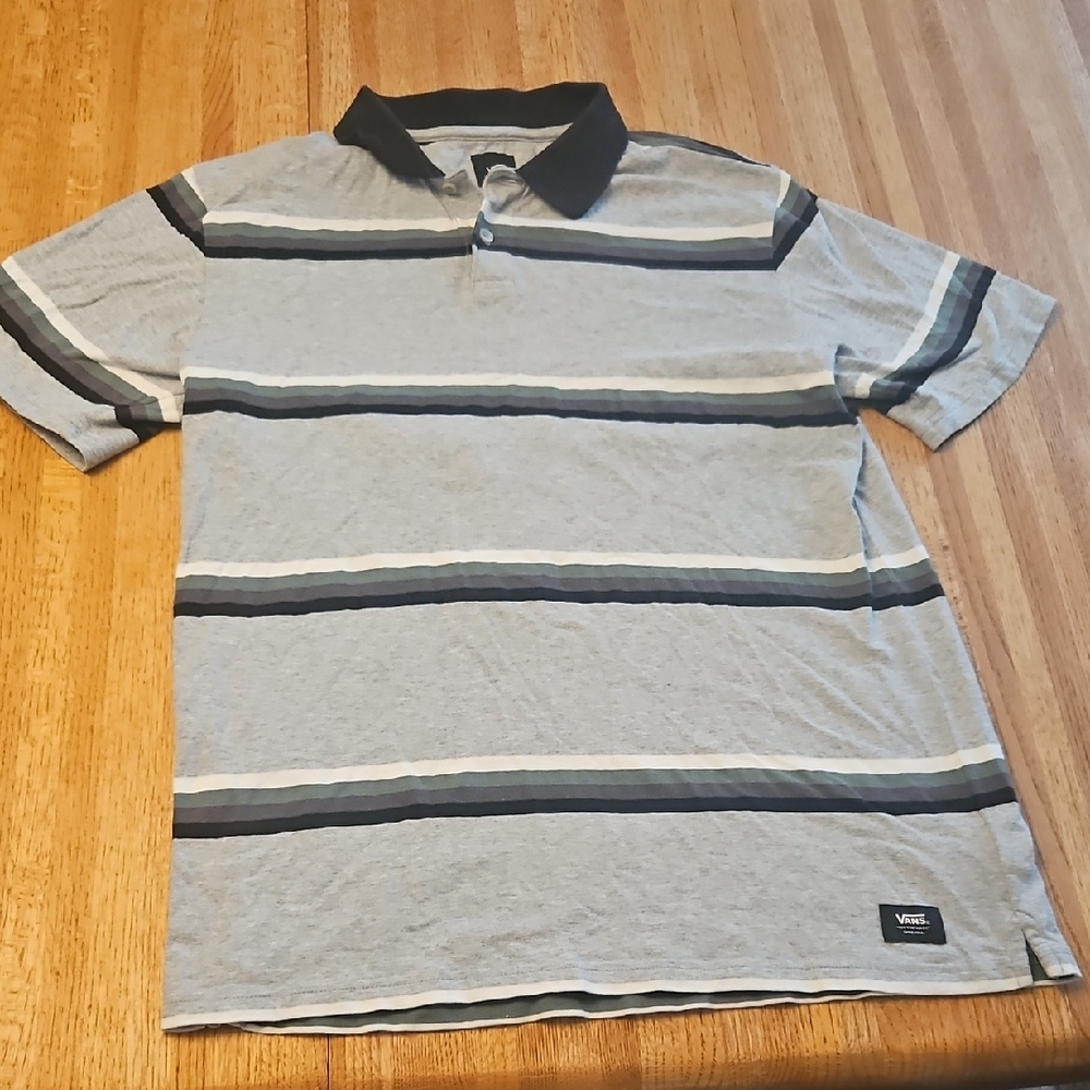 Vans Men's Polo Shirt in Gray and Black Stripes